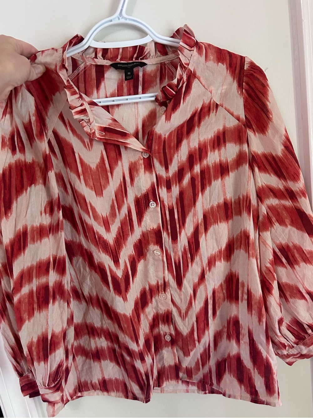 Banana Republic Red and Cream Patterned Ruffle Collar Blouse